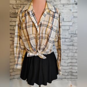 Vintage plaid boyfriend button front Shirt Dagger Collar paper thin Tie Up Layer